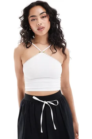 Bershka Halterneck lace trim top in ecru