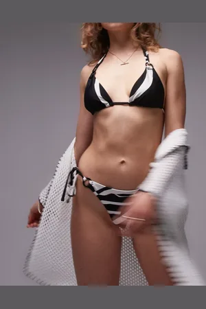 Topshop Printed bikini bottoms with tie side ring detailing in black and white