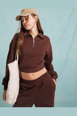 Miss Selfridge Half zip crop sweatshirt co-ord in chocolate