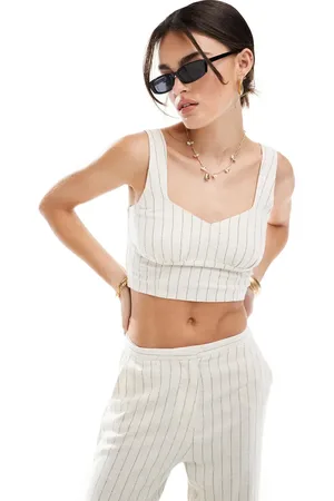 ONLY Linen mix cropped top co-ord in stone pinstripe