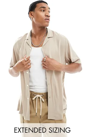 ASOS Relaxed fit viscose shirt with revere collar in stone