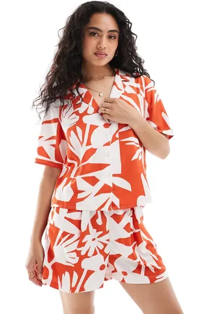ONLY Bowling shirt co-ord in red abstract flower print