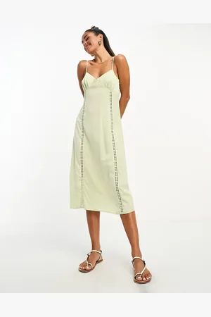 Lola May Satin cami strap midi dress with cut out detail in sage