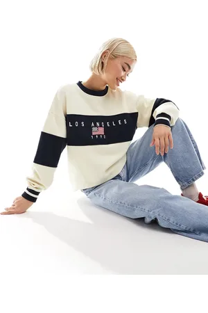 Daisy Street Panelled stripe LA sweatshirt in stone and navy