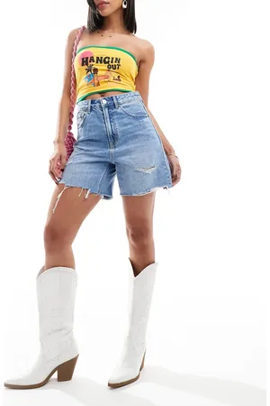 Stradivarius Denim dad short with rips in light wash