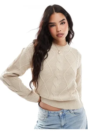 VILA Round neck cable knit jumper in cream