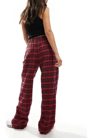Bershka Button front pull on wide leg trousers in check