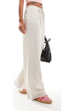 Daisy Street Mid rise wide leg trouser in beige linen stripe