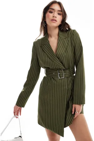 Extro & Vert Belted mini blazer dress in khaki stripe