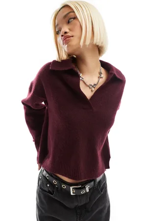 Monki Long sleeve collar knitted sweater in burgundy