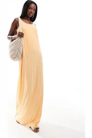 ASOS Ruched dropped back midi dress in coral