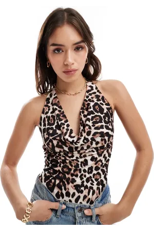 Bershka Cowl neck polyamide bodysuit in leopard print