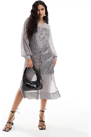Never Fully Dressed Lila sequin shirt midaxi dress in gunmetal