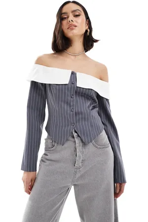 Extro & Vert Corset bandeau blazer top in grey stripe