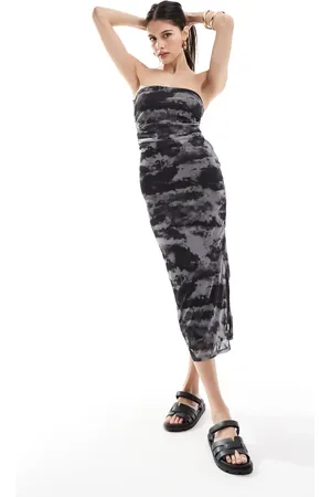 Pimkie Mesh bandeau ruched side split midi dress in marble print
