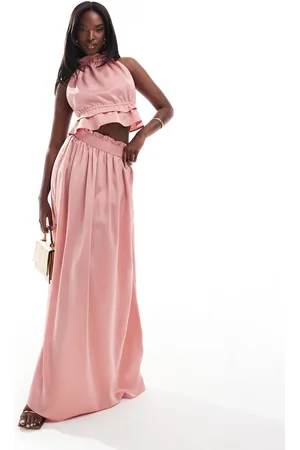 In The Style Exclusive satin floaty maxi skirt co-ord in rose