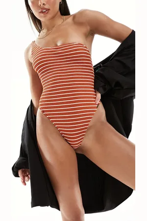 Free Society Stripe crinkle one shoulder swimsuit in rust