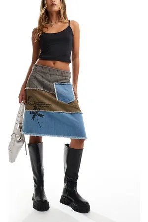 Basic Pleasure Mode Panelled denim and herringbone midi skirt in
