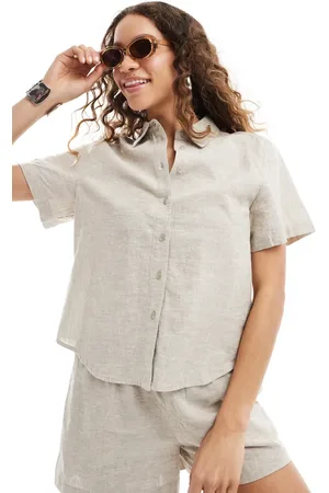 Monki Co-ord short sleeve linen shirt in beige