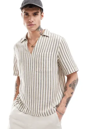 ASOS Boxy relaxed overhead shirt in neutral basket stripe