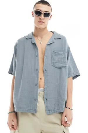 COLLUSION Textured oversized revere short sleeve shirt with raw seam detail in slate