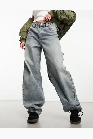 Bershka Adjustable waist carpenter jeans in light dirty wash