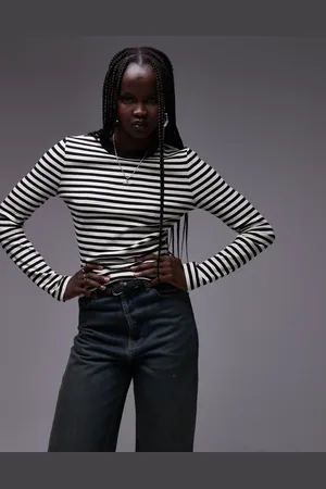 Topshop Stripe scoop neck long sleeve in monochrome