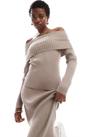 Glamorous Off shoulder rib knit jumper in taupe co-ord