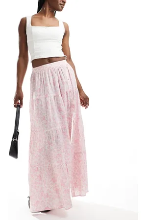 Miss Selfridge Button detail tiered maxi skirt in pink floral