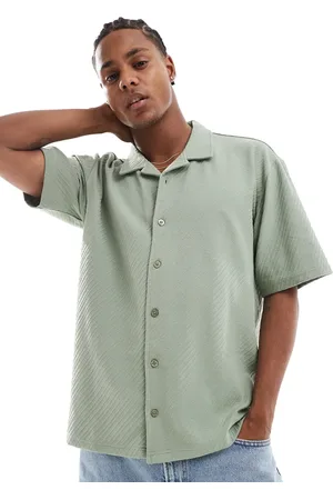 Threadbare Revere collar shirt in sage textured stripe