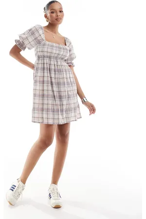 Brave Soul Short puff sleeve mini dress in check print