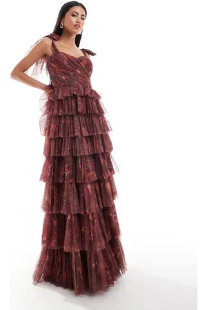 Lace & Beads Bow shoulder tulle maxi dress in floral