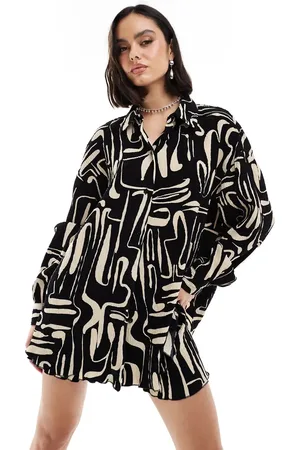Extro & Vert Plisse shirt in camel and black abstract print co-ord