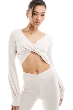 Boux Avenue Long sleeve twist front lounge crop top in cream