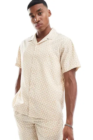 JACK & JONES Co-ord oversized revere collar geo print shirt in beige
