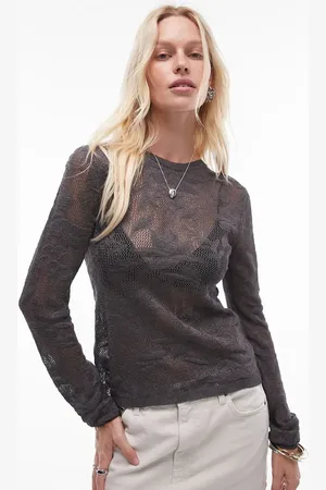 Topshop Knitted sheer floral long sleeve top in dark