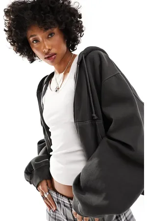 Weekday Boxy heavyweight jersey zip hoodie in dark