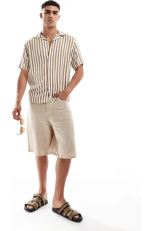 Only & Sons Revere collar stripe shirt in beige