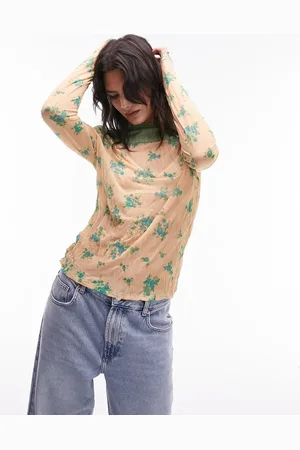 Topshop Crinkle ditsy placement high neck long sleeve top in peach