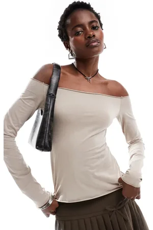 Monki Off the shoulder relaxed fit long sleeve top in beige