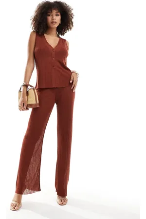 ASOS Knitted wide leg trousers in metallic yarn in rust