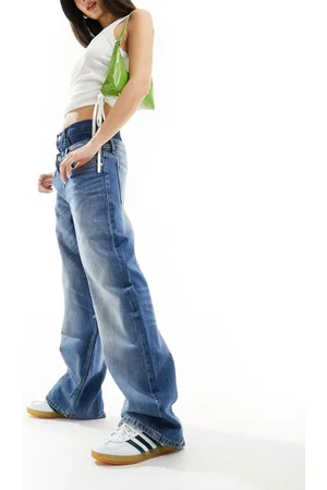 Bershka Turn down waistband wide leg jeans in indigo wash