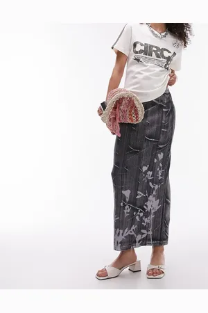 Topshop Washed rib floral shadow print midi skirt in