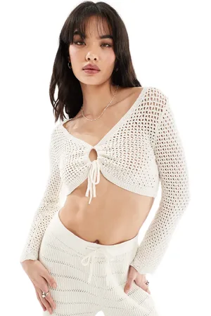 ONLY Crochet tie front cropped top co-ord in cream