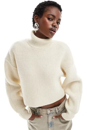 Monki Cropped high neck jumper in light beige melange