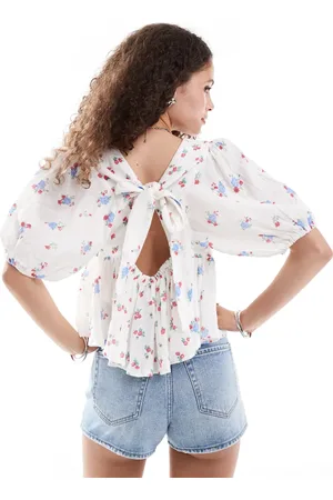 Free People Floral print blouse with puff sleeve in ivory