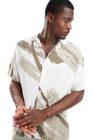 JACK & JONES Revere collar shirt with brush stroke print in beige
