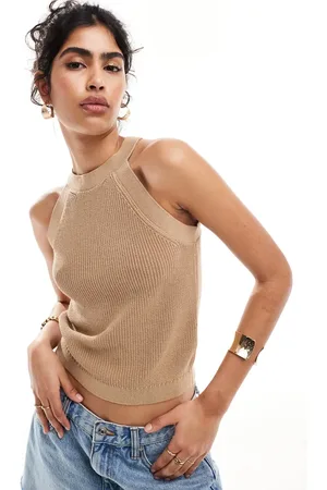 & OTHER STORIES Knitted halter neck cropped top in beige