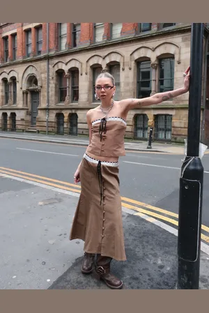Labelrail X Daisy Birchall bow detail button through midi skirt co-ord in toffee