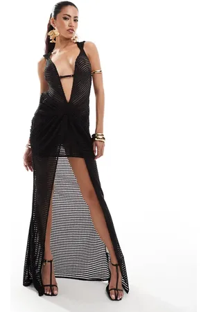 Murci Honeycomb knit deep plunge front split maxi dress in